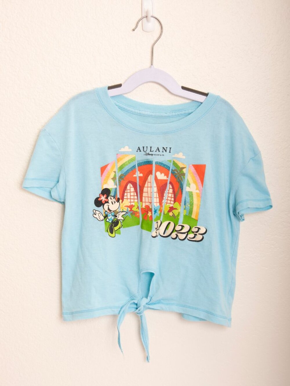 Disney Minnie Mouse Aulani Resort Crop Shirt Size Small Medium Blue Front Tie
